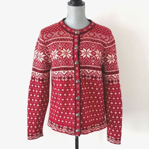 L.L. Bean Nordic Fair Isle Chunky Knit Metal Button Heavy Cardigan Red Sz L - Picture 1 of 11